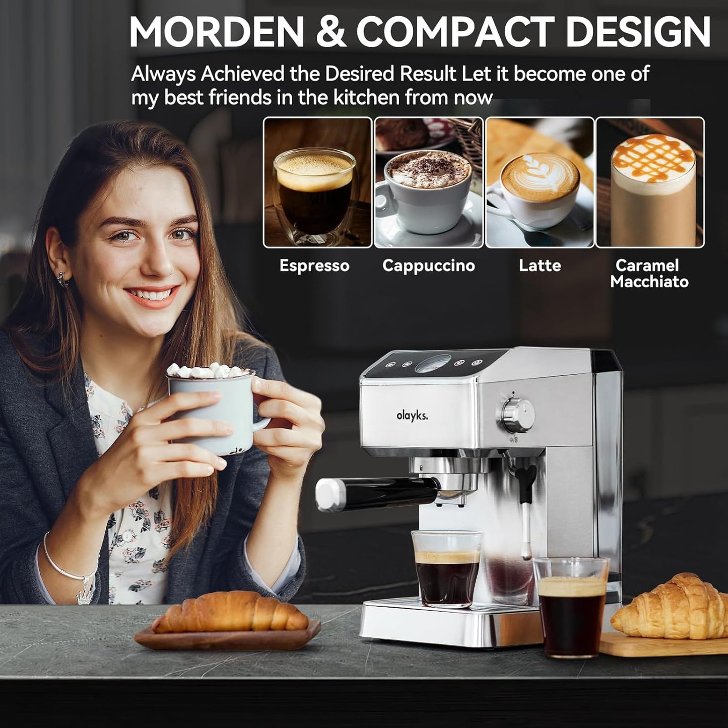 Espresso Machine 20 Bar, Brush Stainless Steel Espresso Maker with Milk Frother Steam Wand, 1400W Espresso Coffee Machine with 1.8L Removable Water Tank for Latte, Cappuccino, Machiato