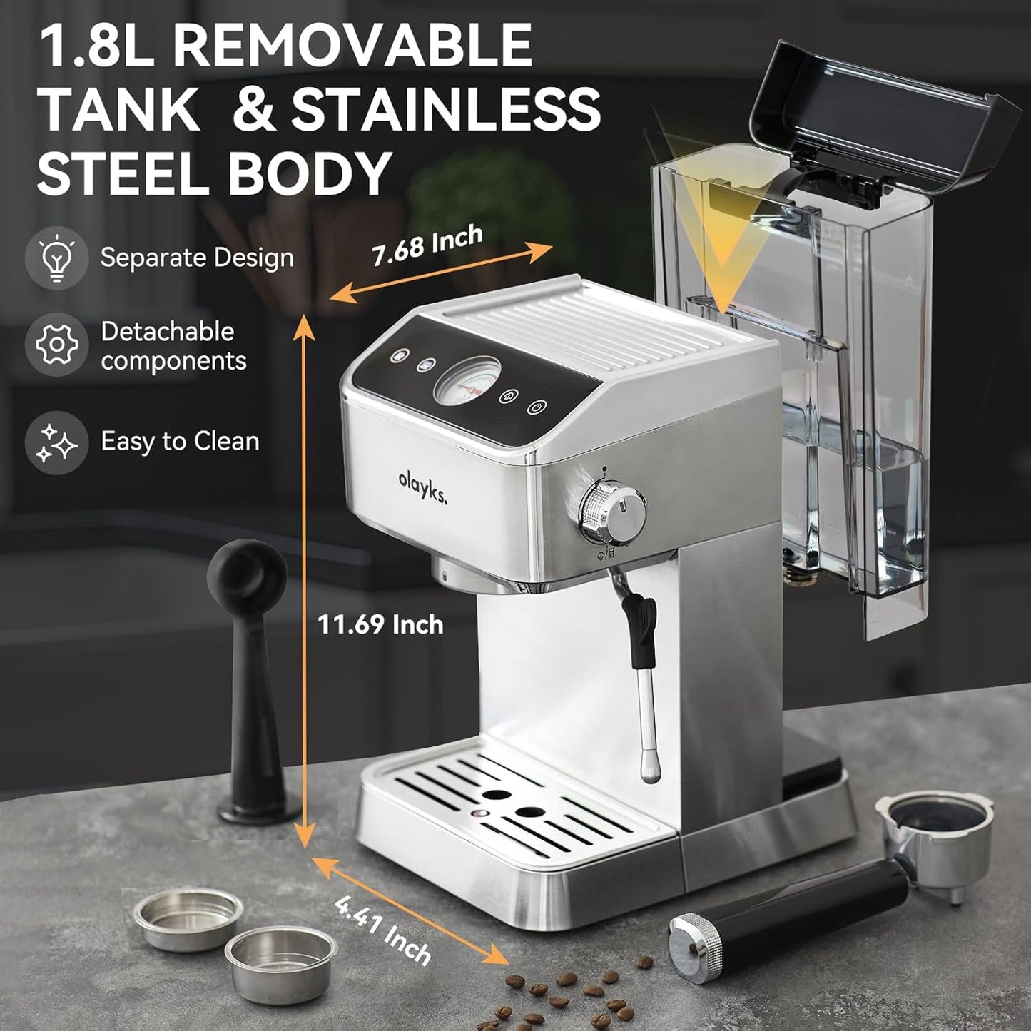 Espresso Machine 20 Bar, Brush Stainless Steel Espresso Maker with Milk Frother Steam Wand, 1400W Espresso Coffee Machine with 1.8L Removable Water Tank for Latte, Cappuccino, Machiato