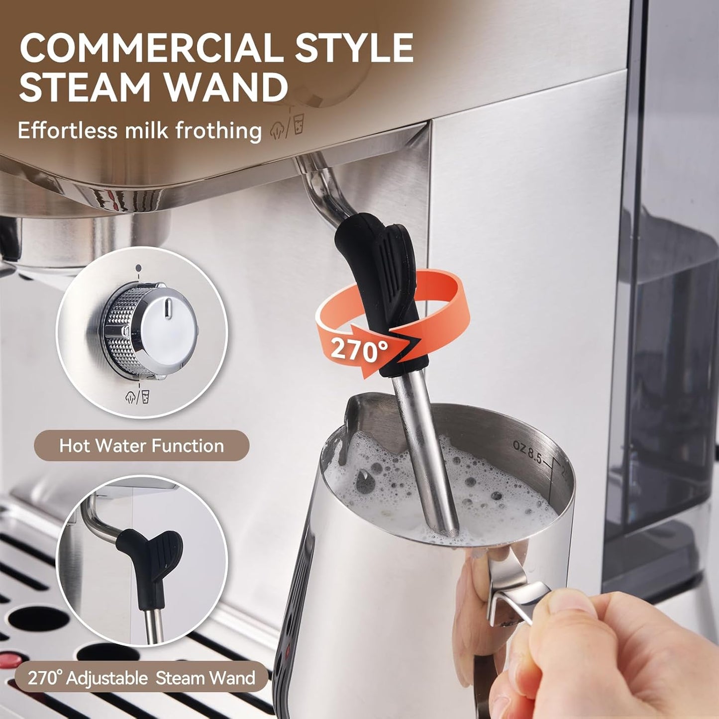 Espresso Machine 20 Bar, Brush Stainless Steel Espresso Maker with Milk Frother Steam Wand, 1400W Espresso Coffee Machine with 1.8L Removable Water Tank for Latte, Cappuccino, Machiato