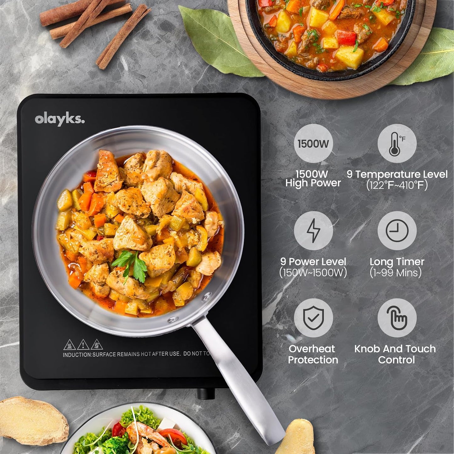 Portable Induction Cooktop, Countertop Burner Hot Plate 1500W With Sensor Touch, Electric Induction Cooker With 9-Level Adjustment, 3-Hour Timer, Auto-Shut-Off, LED Display, Auto Pot Detection