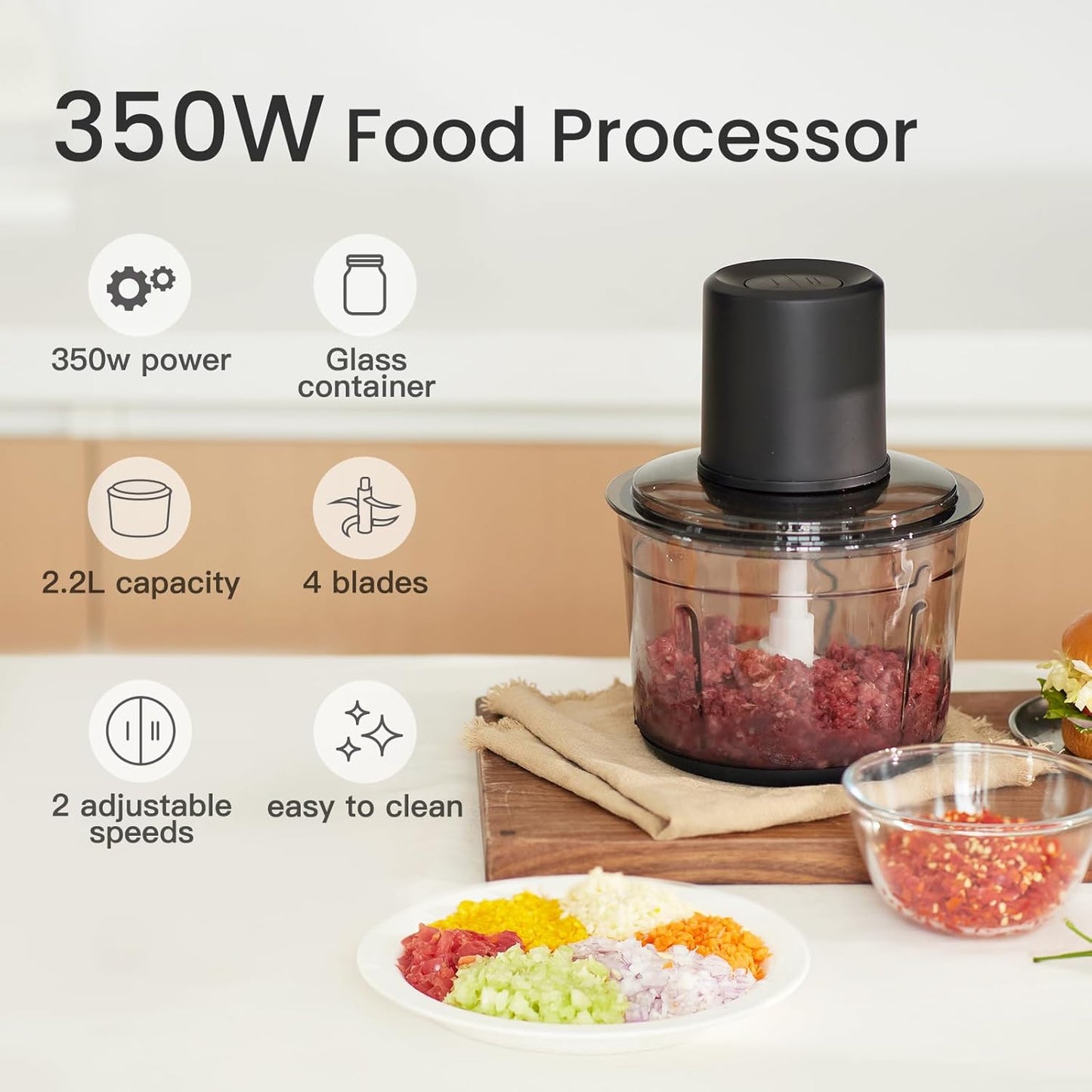 Olayks Electric Food Chopper, 8-Cup Food Processor with 4 Sharp Blades, 2.2L Glass Bowl Grinder for Meat, Vegetables, Fruits and Nuts, Stainless Steel Motor Unit, 350W